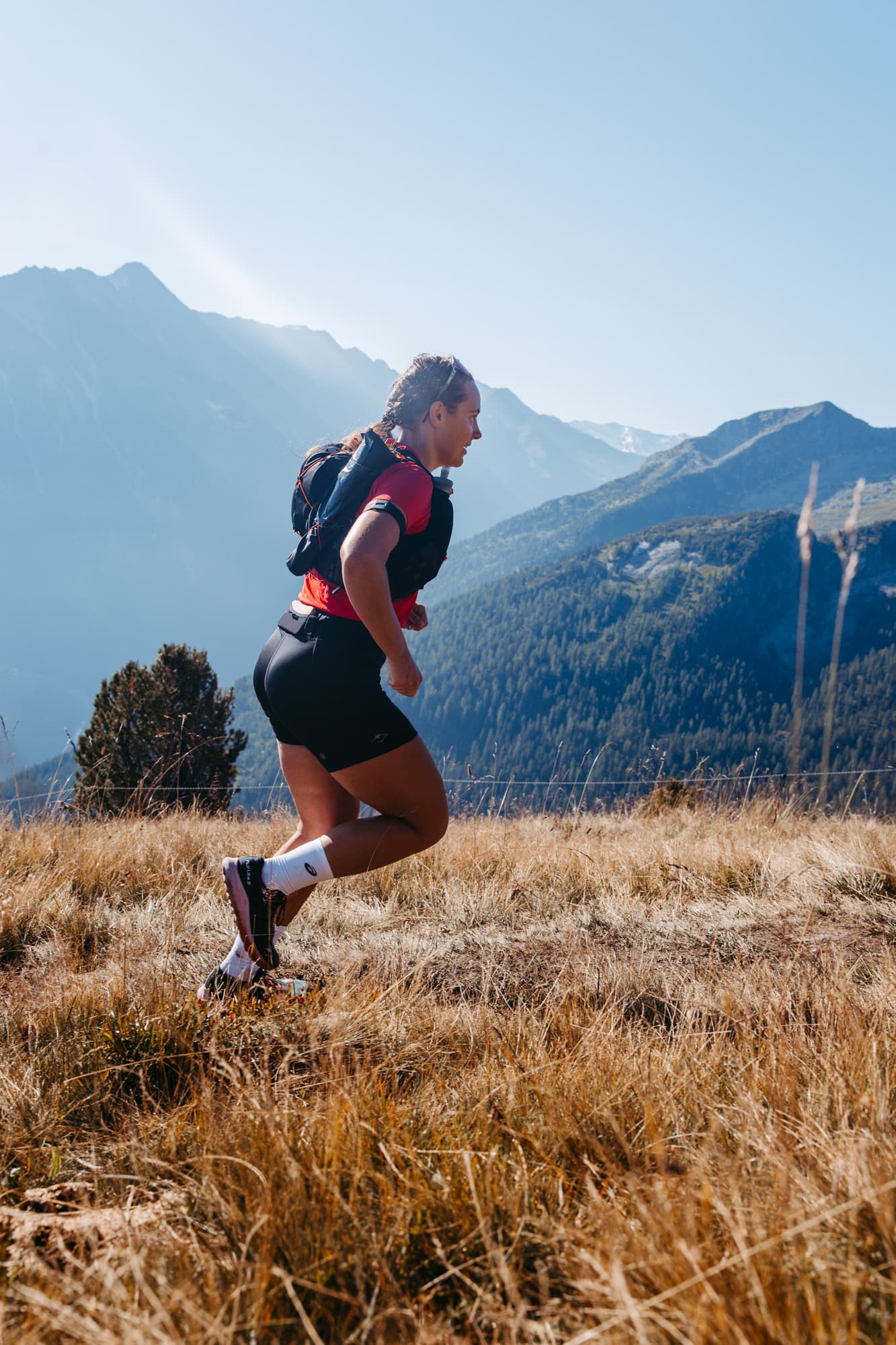 Runner in golden mountain meadow